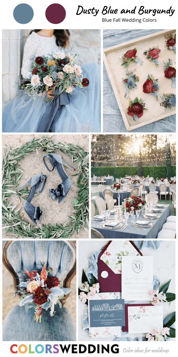 Top 8 blue fall wedding color ideas: Dusty Blue + Burgundy