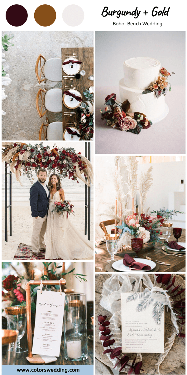 boho beach wedding burgundy gold