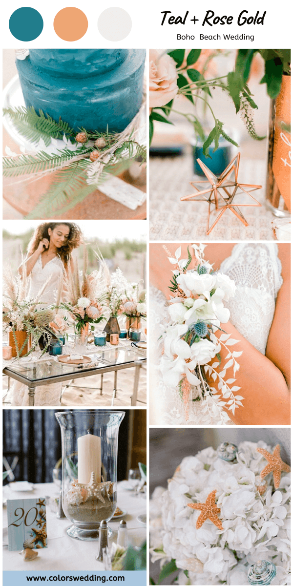 boho beach wedding teal rose gold