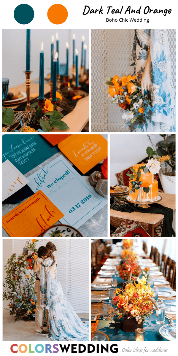 Top 8 Boho Chic Wedding Color Ideas: Dark teal + Orange