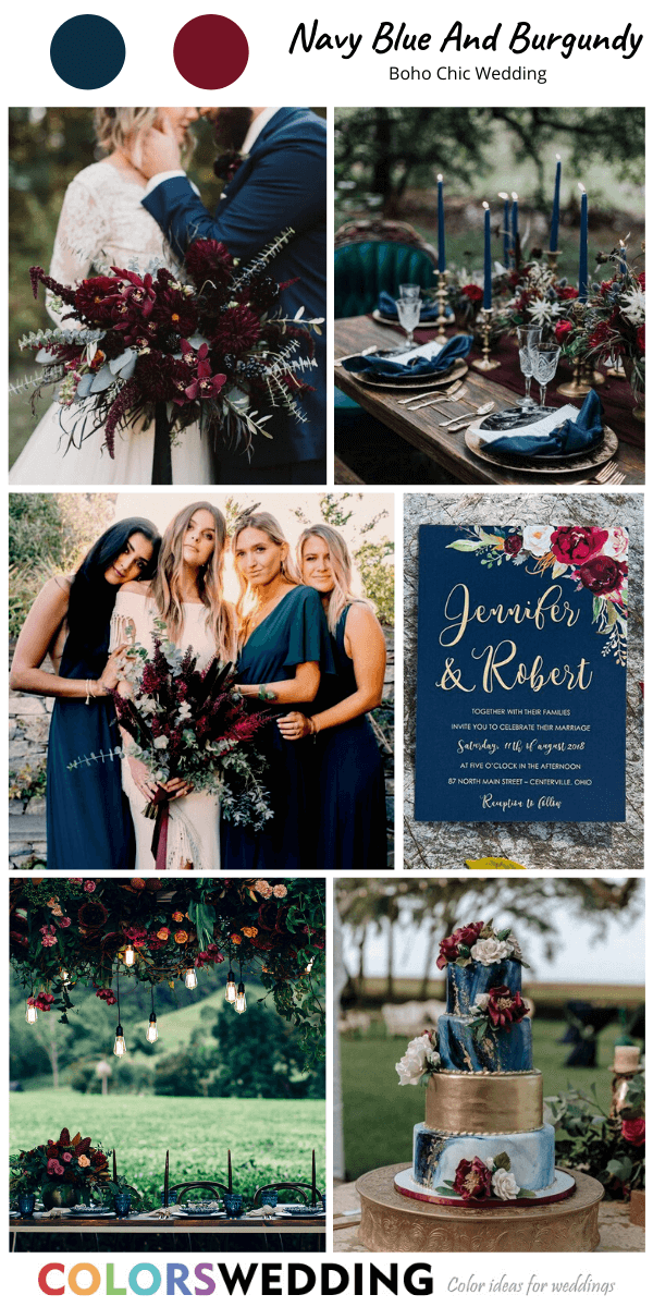 Top 8 Boho Chic Wedding Color Ideas: Navy Blue + Burgundy