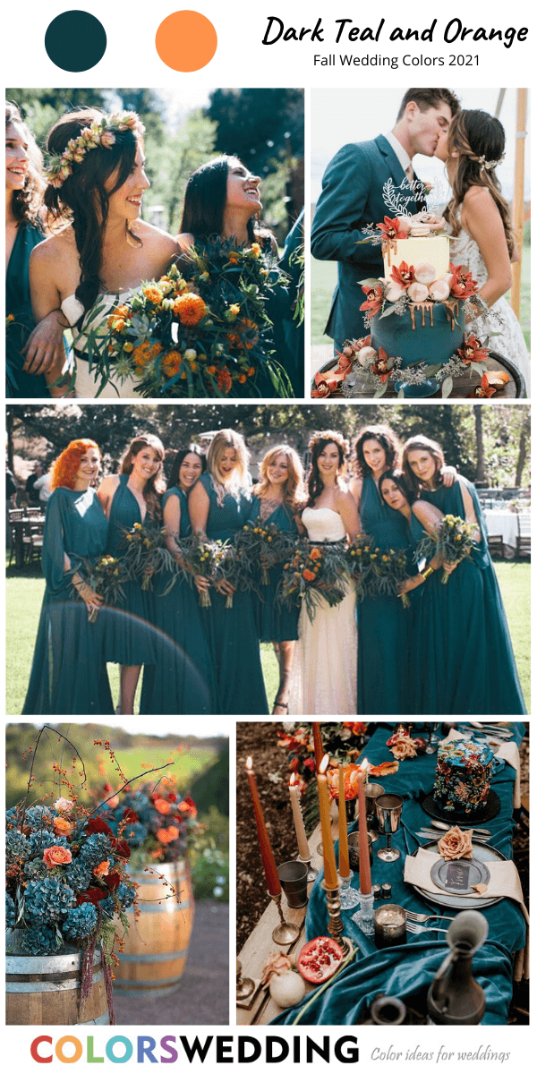 fall wedding color 2021 dusty teal orange