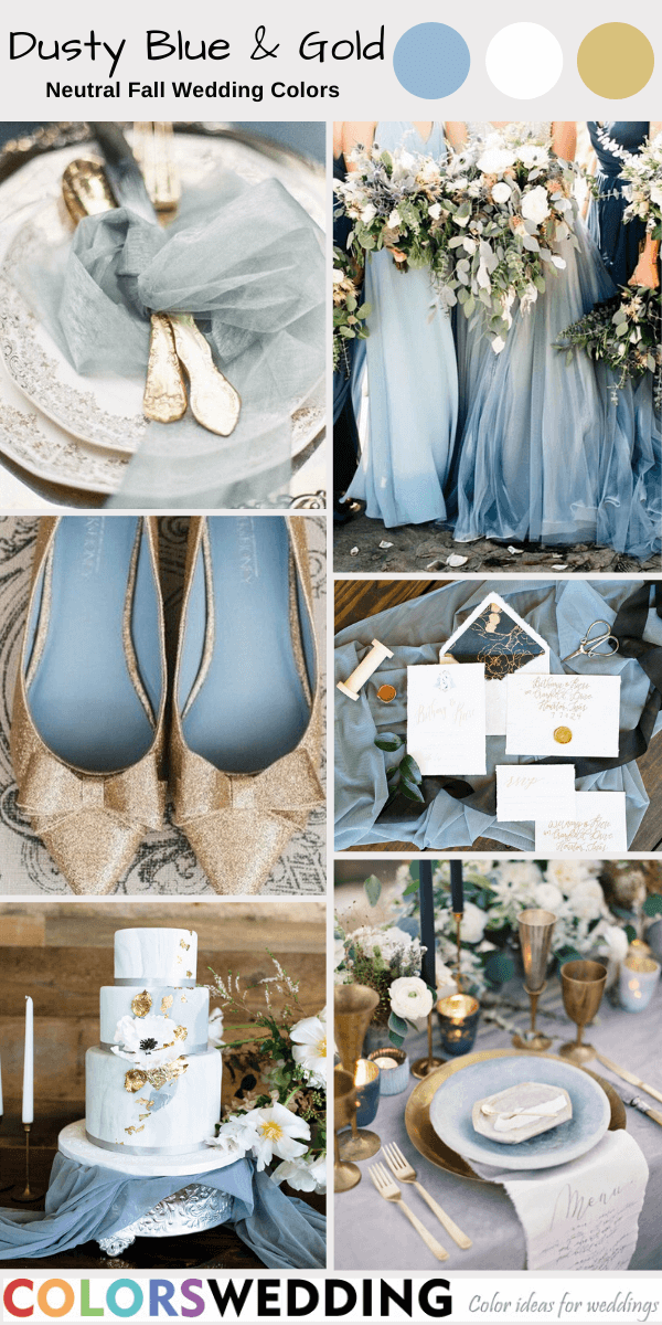 neutral fall wedding colors dusty blue and gold