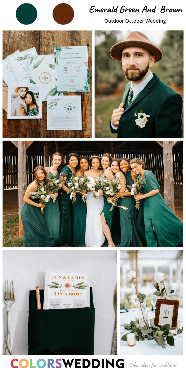 Top 8 Outdoor October Wedding Color Ideas: Emerald Green + Brown
