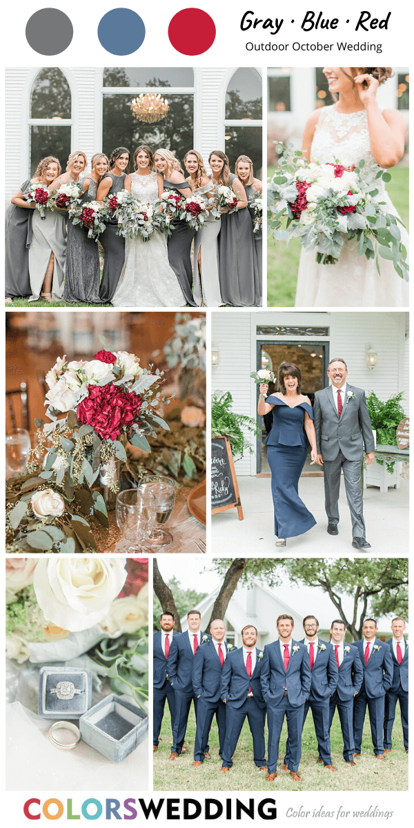 Top 8 Outdoor October Wedding Color Ideas: Gray + Blue + Red