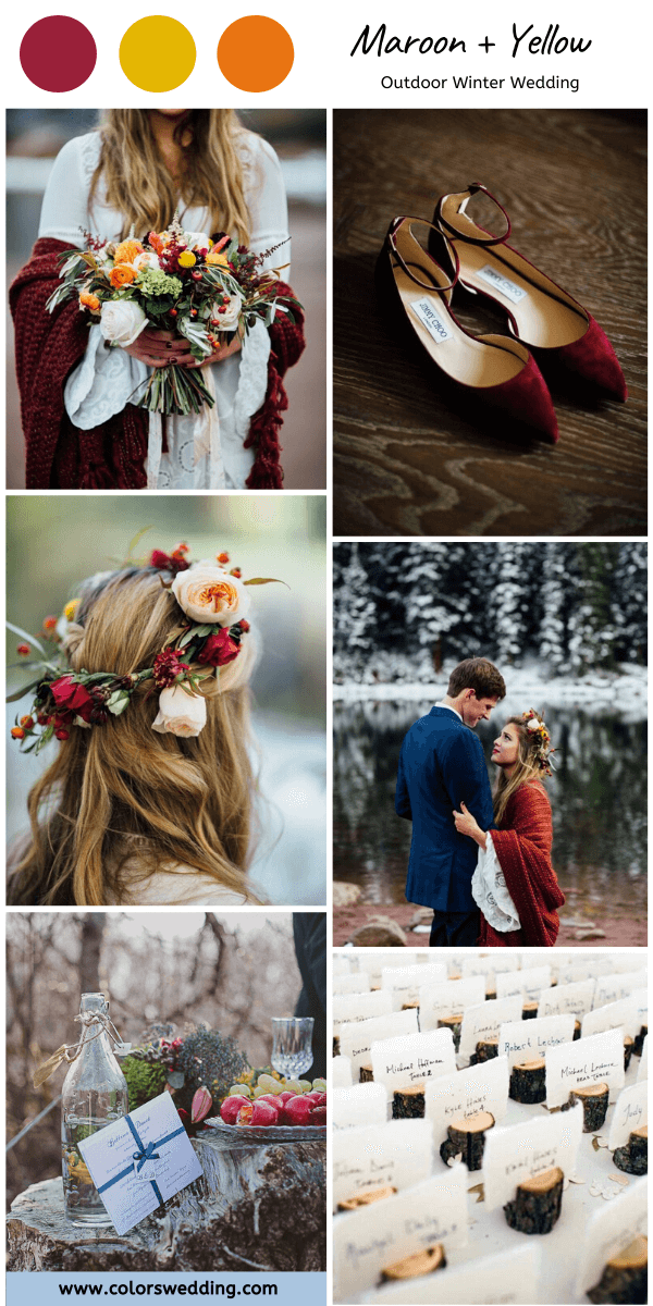 outdoor winter wedding maroon yellow