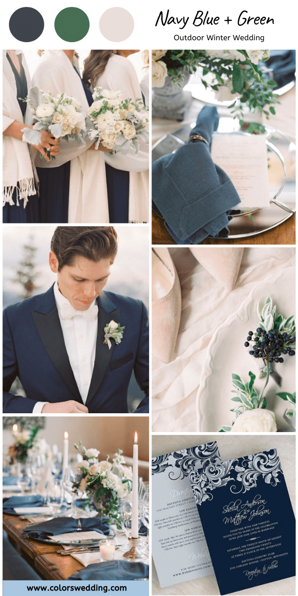 outdoor winter wedding navy blue green