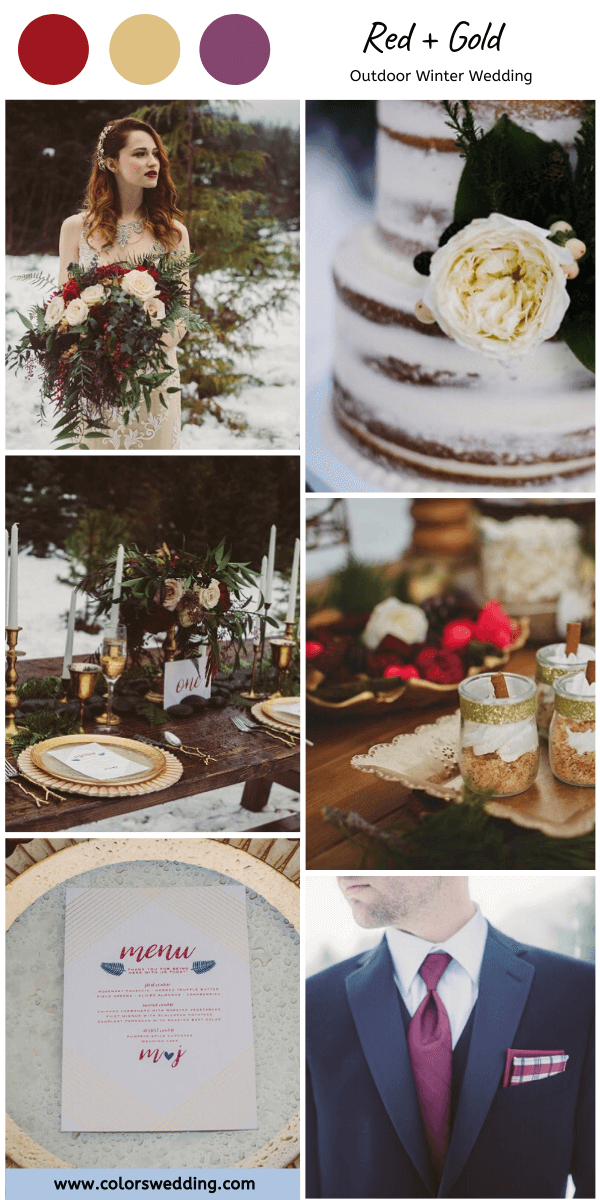 outdoor winter wedding red gold