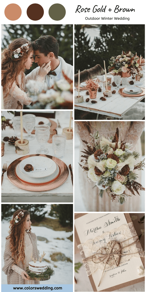 outdoor winter wedding rose gold brown