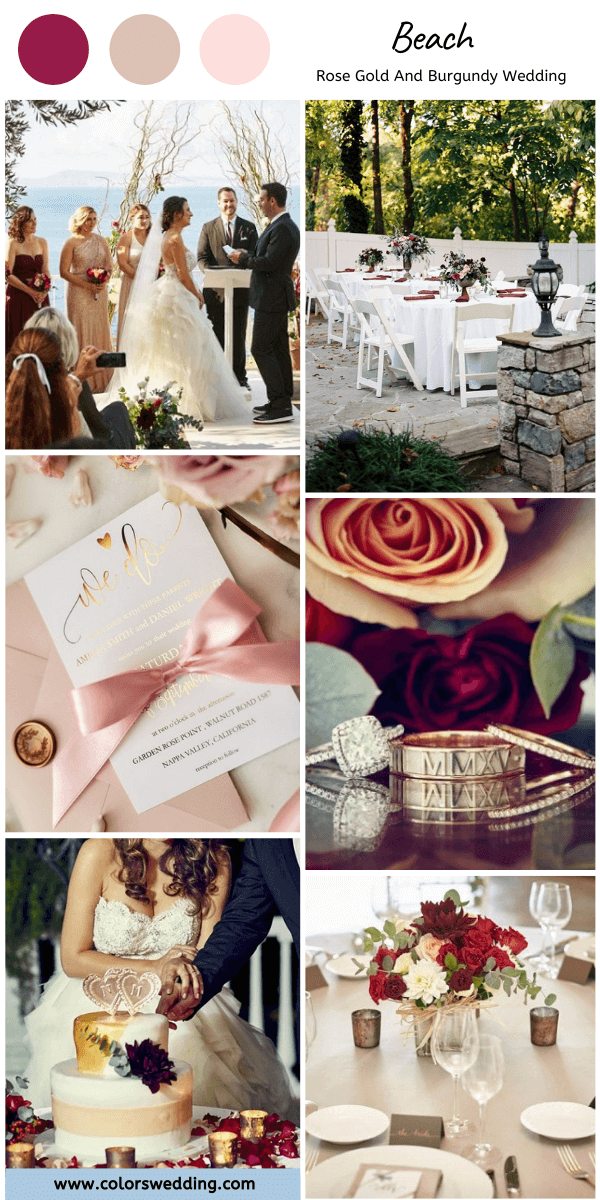 rose gold and burgundy wedding beach