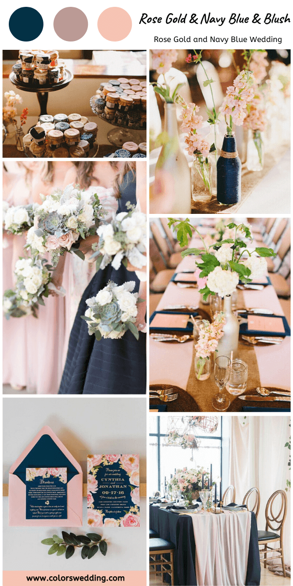 rose gold and navy blue and blush wedding