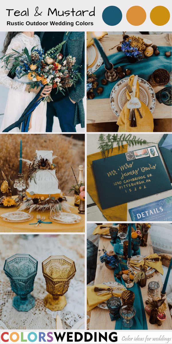 rustic outdoor wedding colors teal and mustard
