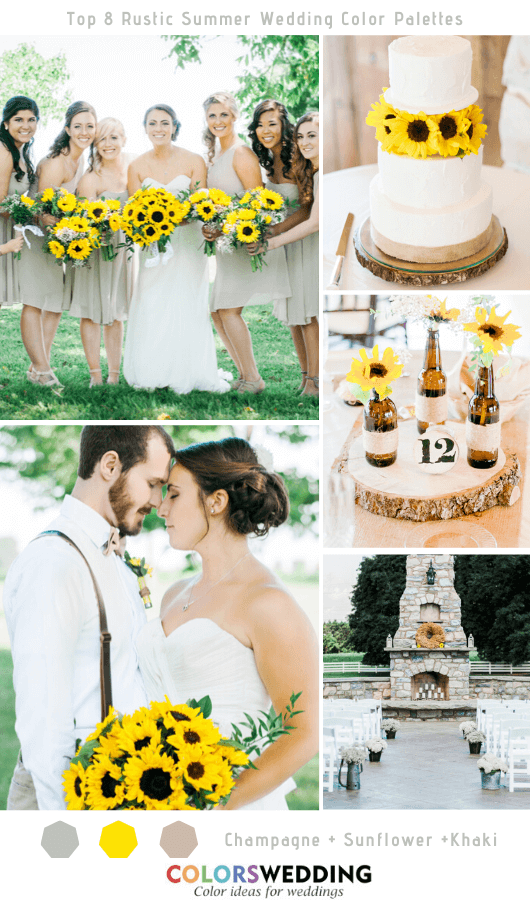 Top 8 Rustic Summer Wedding Color Palettes for 2020 - Champagne + Sunflower + Khaki