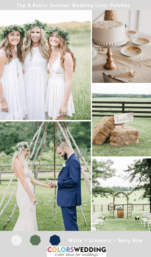 Top 8 Rustic Summer Wedding Color Palettes for 2020 - White + Greenery + Navy Blue
