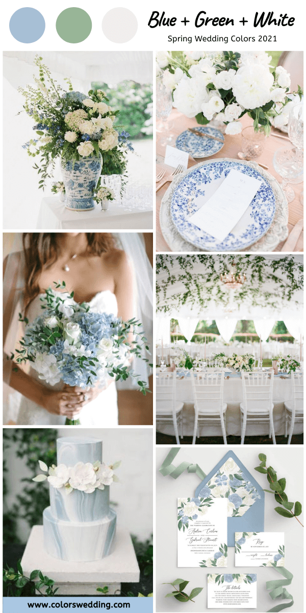 Spring Wedding Color Palettes 2021 - Blue + Green + White