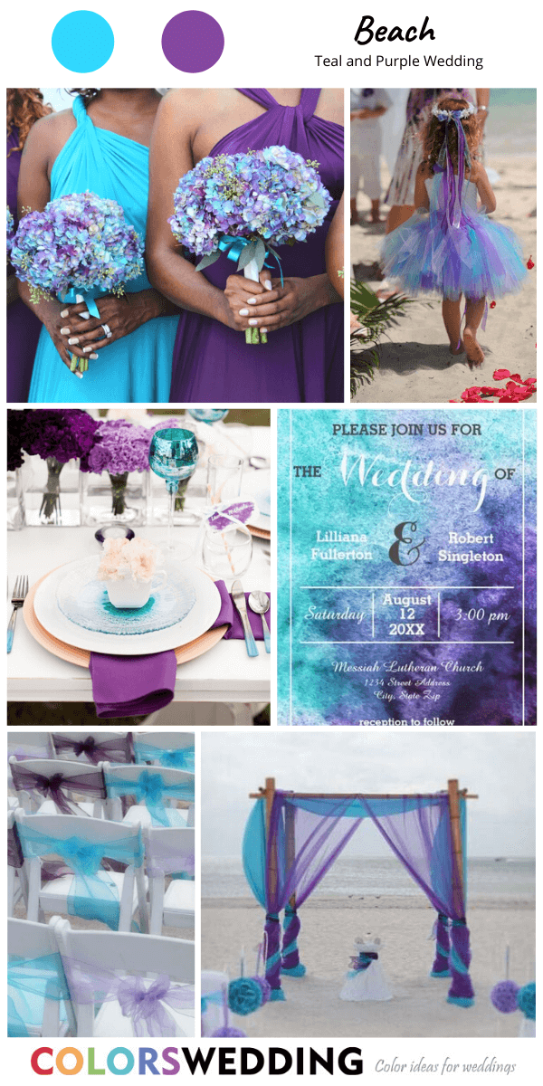 teal and purple wedding beach