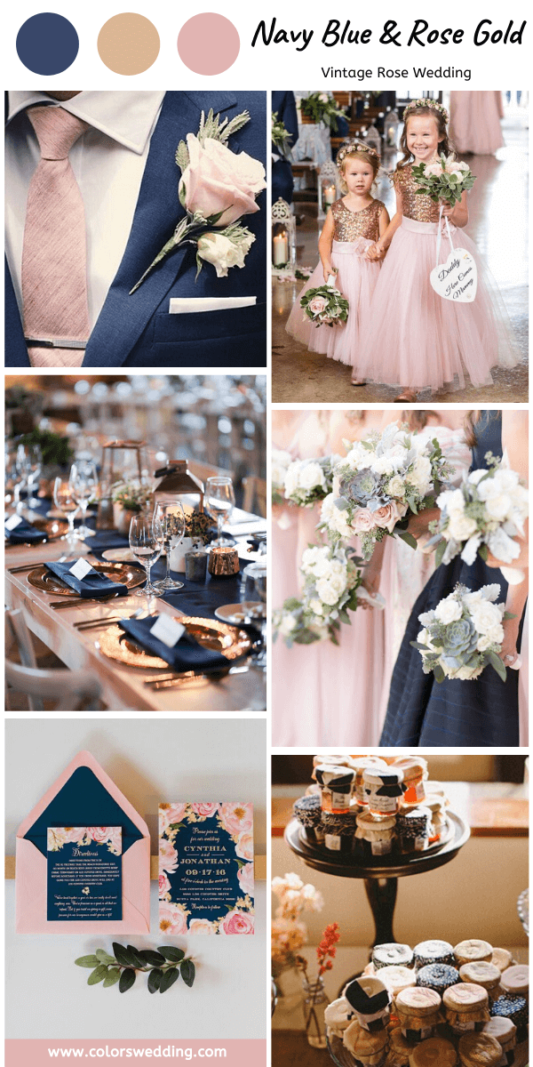 vintage rose wedding navy blue and rose gold