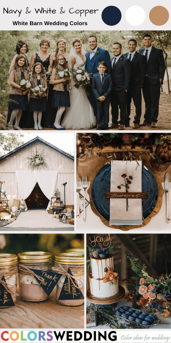 white barn wedding colors navy white and copper