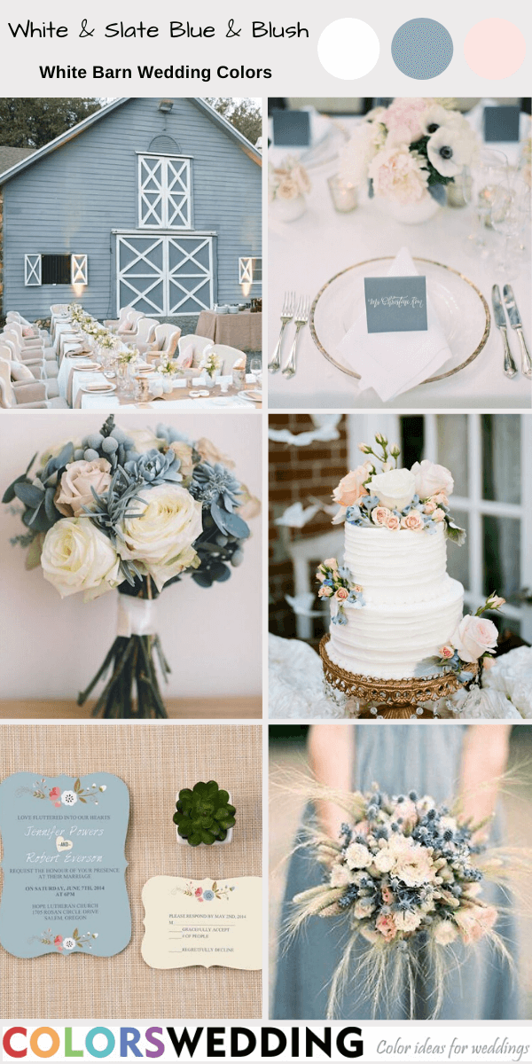 white barn wedding colors white slate blue and blush