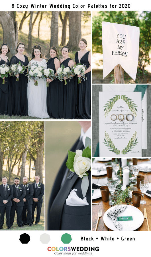8 Cozy Winter Wedding Color Palettes for 2020 - Black + Green + White