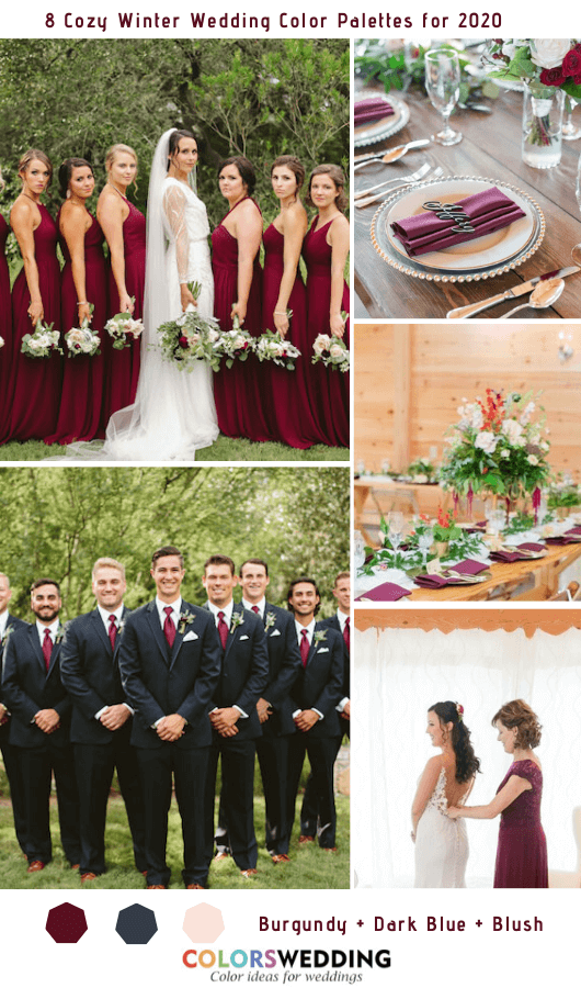 8 Cozy Winter Wedding Color Palettes for 2020 - Burgundy + Dark Blue + Blush