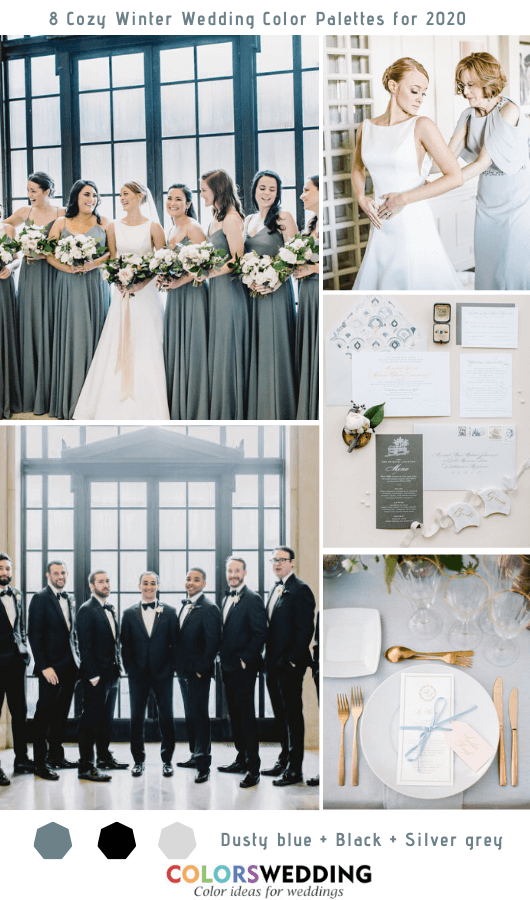 8 Cozy Winter Wedding Color Palettes for 2020 - Dusty Blue + Black + Silver Grey