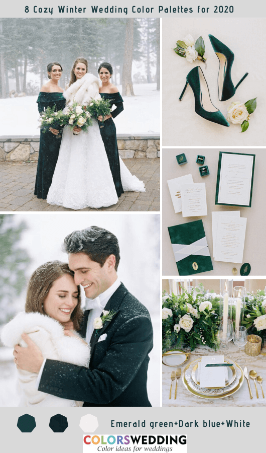 8 Cozy Winter Wedding Color Palettes for 2020 - Emerald Green + White + Dark Blue