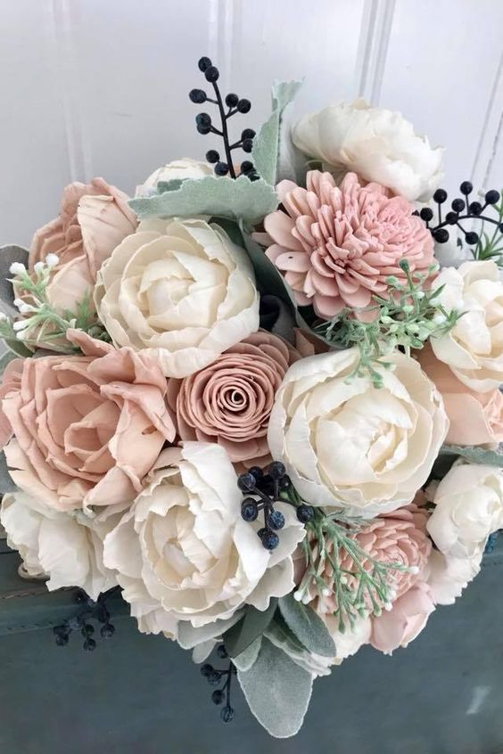 sage green and pink bridal bouquet for sage green and blush spring wedding 2021