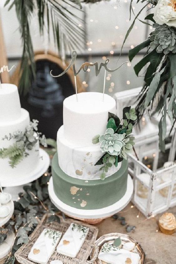 white and sage green wedding cake for sage green and blush spring wedding 2021