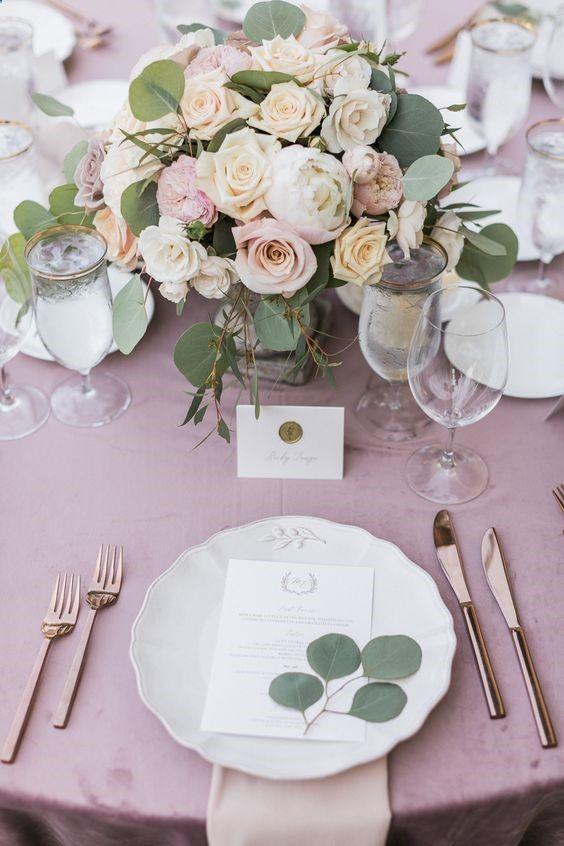 mauve tablecloth for mauve and sage green spring wedding 2021