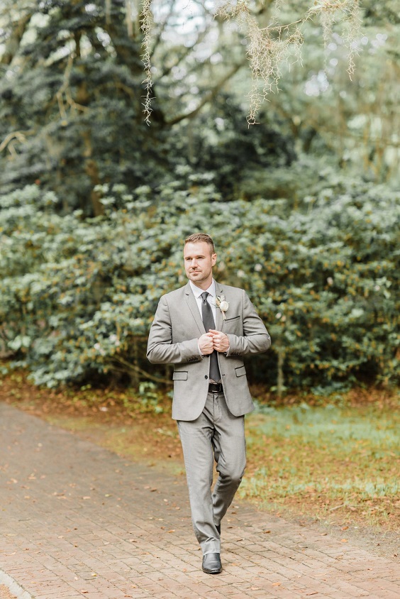gray groom suit for peach and gray spring wedding 2021