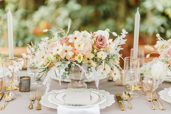 peach and green wedding centerpieces for peach and gray spring wedding 2021
