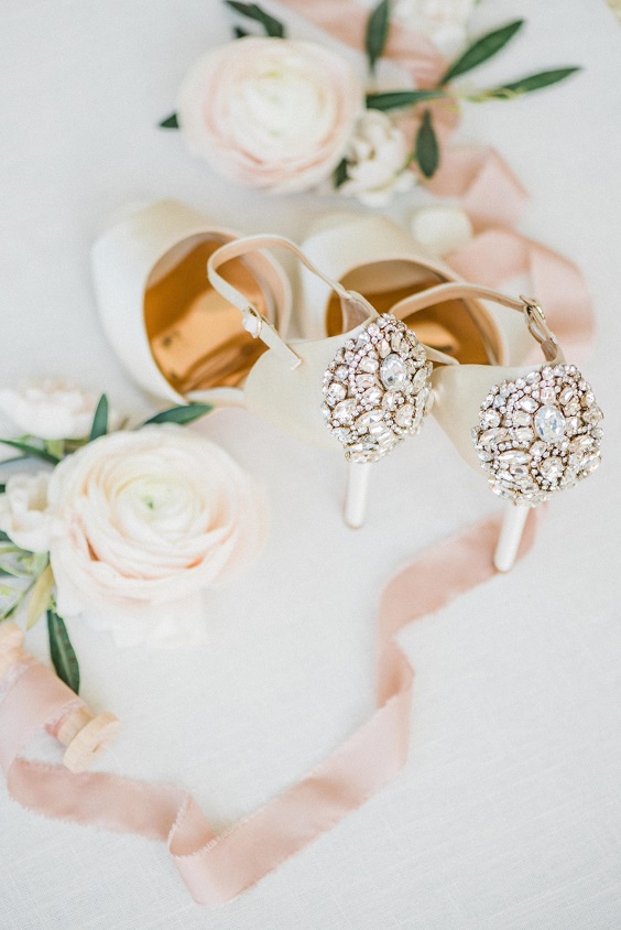 peach ribbon and cream wedding shoes for peach and gray spring wedding 2021