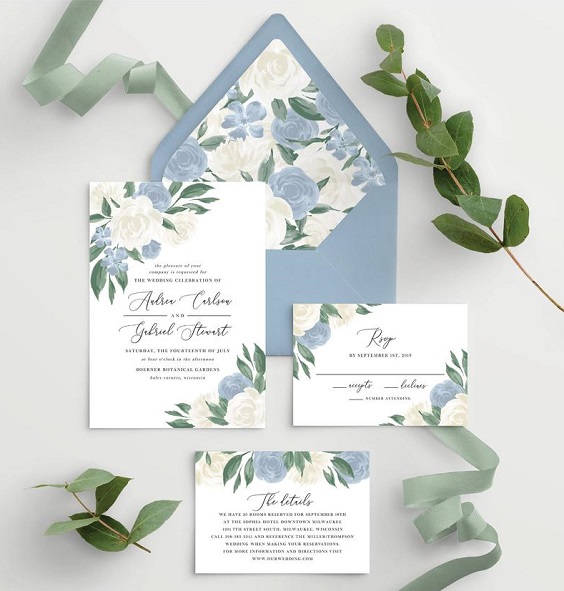 blue and white wedding invitations for blue green and white spring wedding 2021