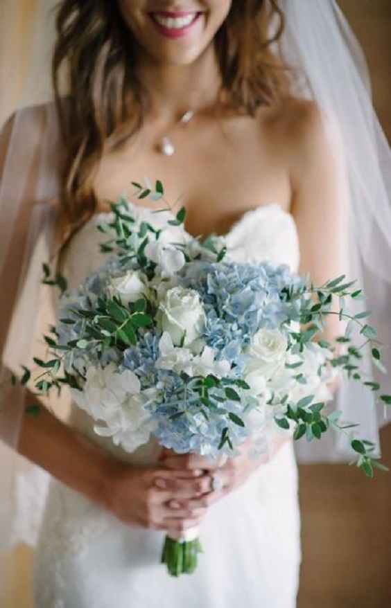 blue bridal bouquet for blue green and white spring wedding 2021