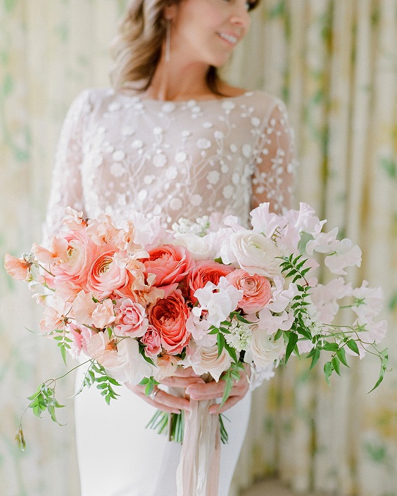 pink and orange wedding bridal bouquet for pink orange and white spring wedding 2021