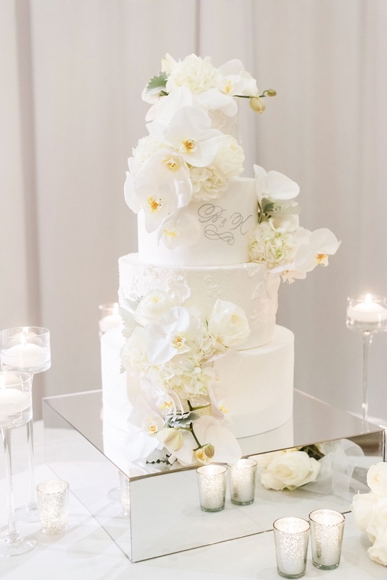 white wedding cake with ivory flowers for silver and white spring wedding 2021