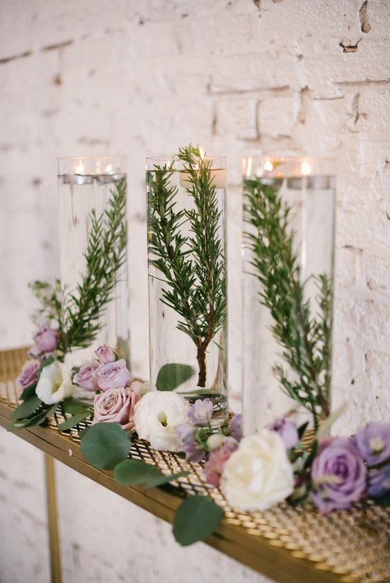 centerpiece submerged greenery for lavender and greennery spring wedding 2021