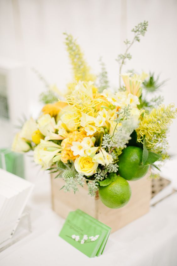 yellow and green wedding table flower for yellow and green summer wedding 2021