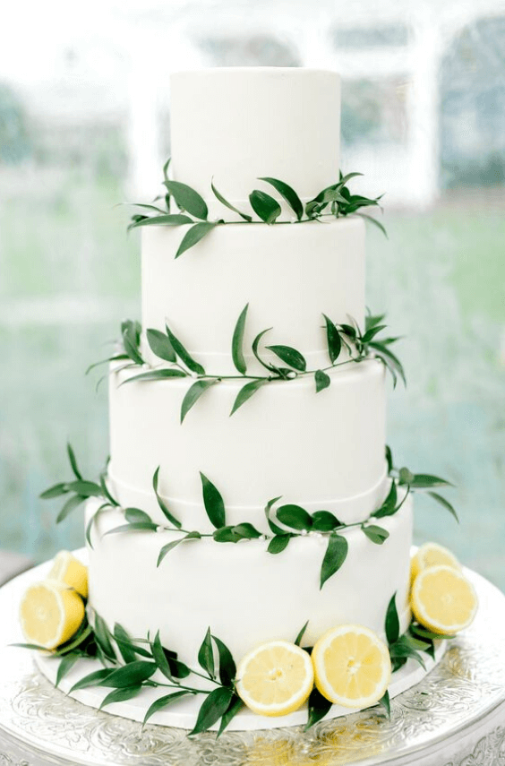 white wedding cake with greenery for yellow and green summer wedding 2021