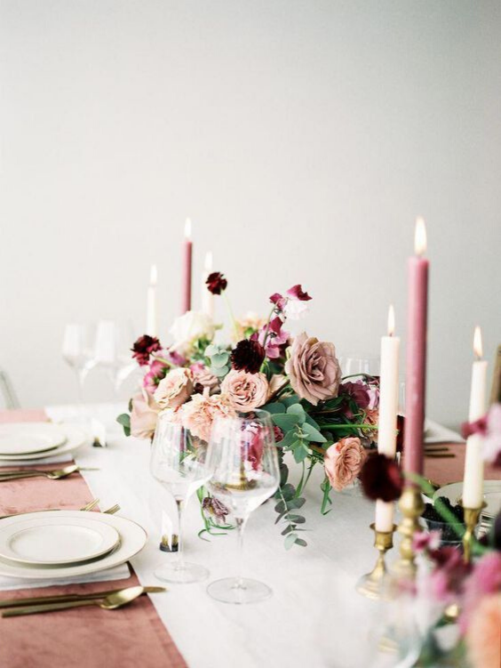 burgundy blush table centerpiece for blush and burgundy summer wedding 2021