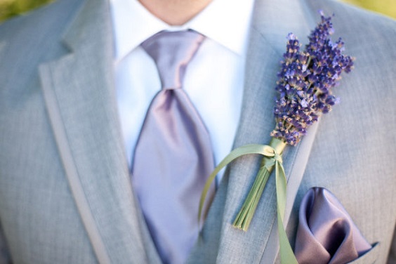 grey groom suit with lavender tie boutonniere for lavender and gray summer wedding 2021