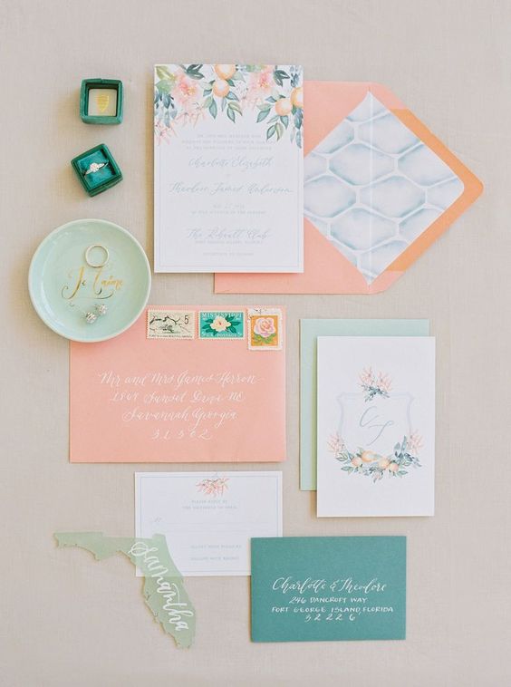 coral and teal wedding invites for teal and coral summer wedding 2021