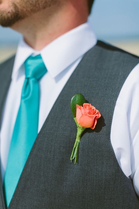 groom vest teal tie coral boutonniere summer wedding 2021