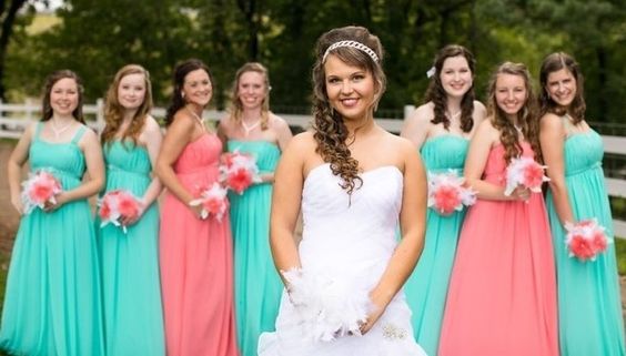 teal bridesmaid dresses and coral bridesmaid dresses for teal and coral summer wedding 2021
