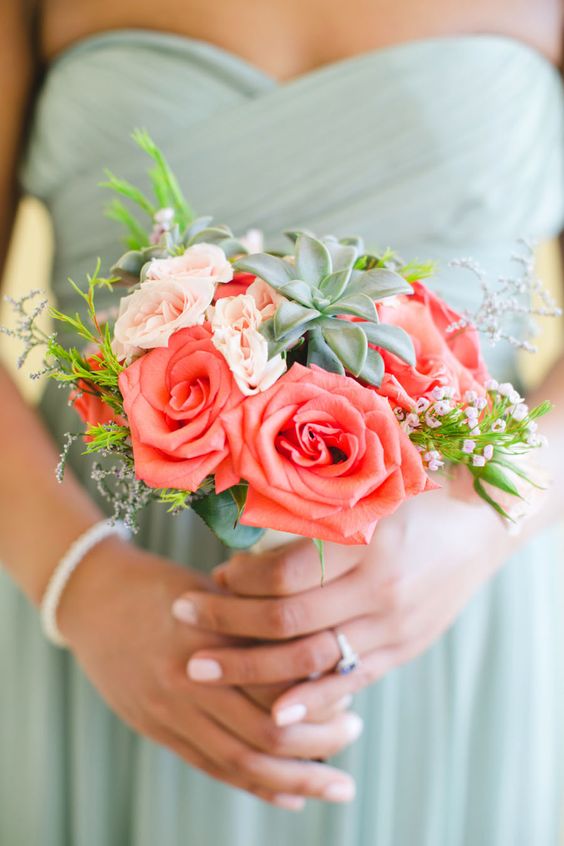 teal dress coral bouquets for teal and coral summer wedding 2021
