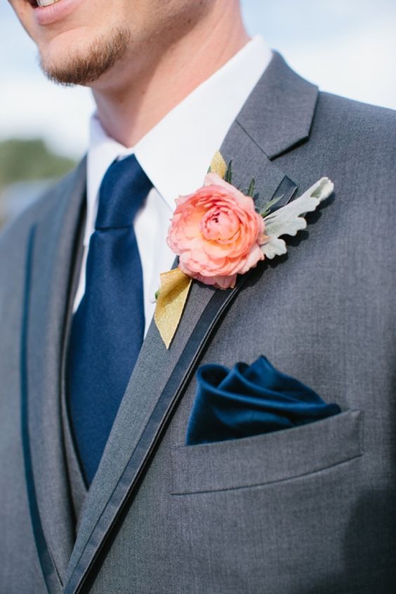 groomsmen navy tie peach boutonniere for navy and peach summer wedding 2021