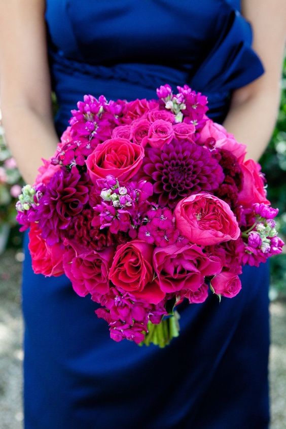 royal blue bridesmaid dresses fuschia bouquet for summer wedding 2021
