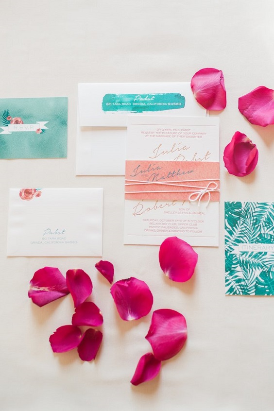mint and peach invitations for mint and fuschia summer wedding 2020