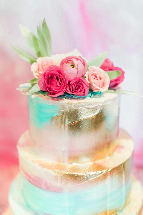 wedding cake for mint and fuschia summer wedding 2020